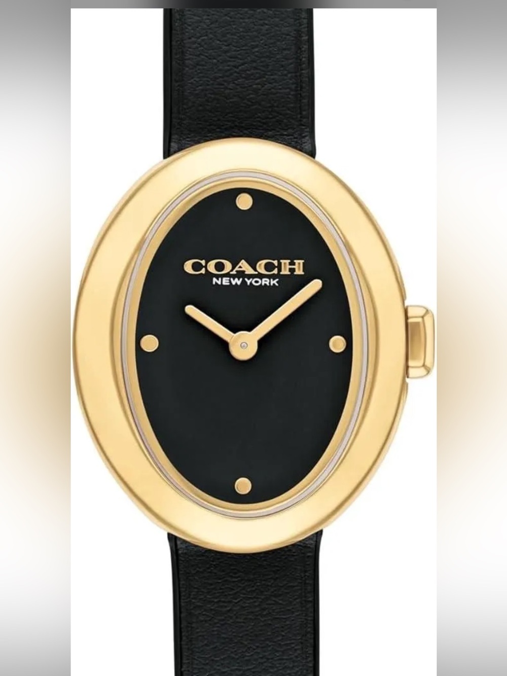 New! COACH New York Women's Black Leather Strap Gold Oval Watch